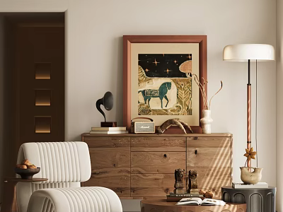 Elegant Wooden Console Side Cabinet with Decorative Painting Table Lamp and Vase 3d model