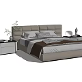 Modern Double Bed with Leather Headboard Beige Bedspread Decorative Pillows and Nightstands