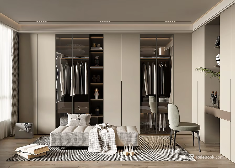 Modern Walk In Closet Interior With Seating And Storage 3d model