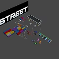 Multi Colored Sports Cars Near Containers Gas Station Street Sign And Traffic Cones