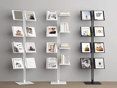 Three Different Colored Modern Bookcases With Multiple Shelves Displaying Books And Photo Frames 3d model