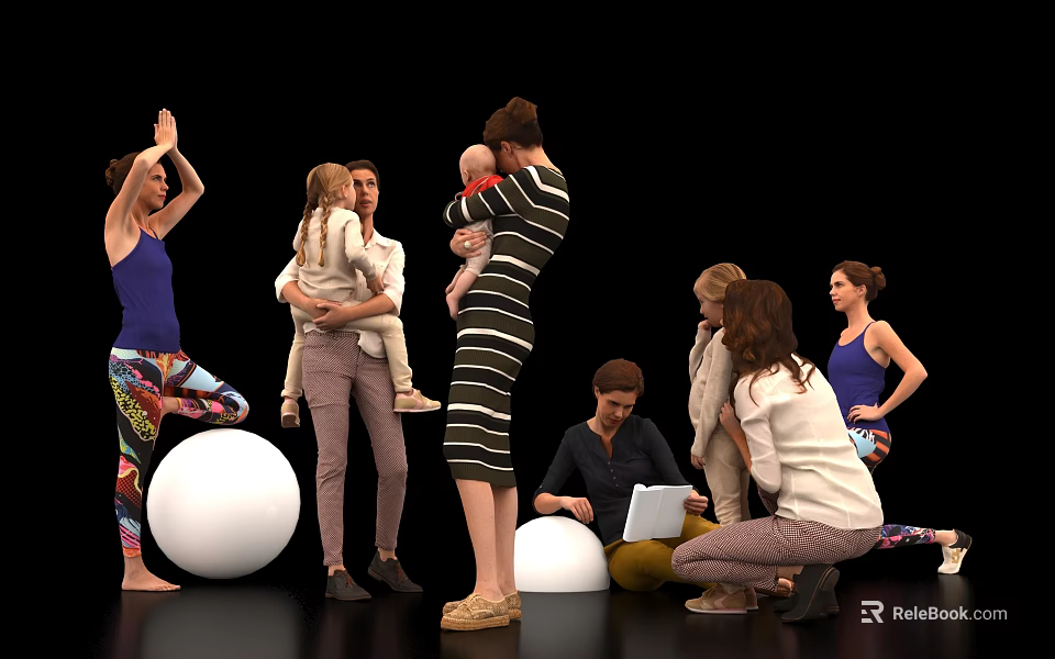 Women With Children Engaging In Yoga And Using Laptops Near White Exercise Balls 3d model 
