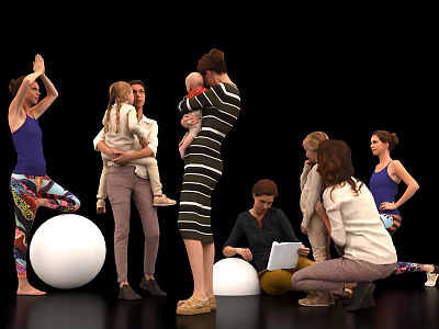 Women With Children Engaging In Yoga And Using Laptops Near White Exercise Balls 3d model