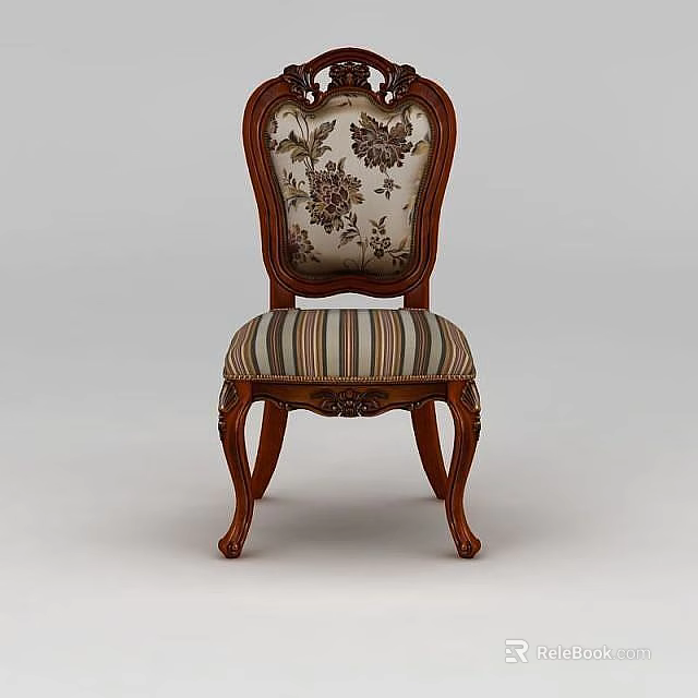 Tech Exhibition Hall Displaying Classic Wooden Chair With Carved Backrest And Striped Cushion 3d model 