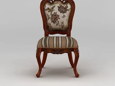 Tech Exhibition Hall Displaying Classic Wooden Chair With Carved Backrest And Striped Cushion 3d model