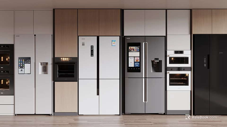 Modern Kitchen With Built in Refrigerators Freezers And Wooden Cabinets Appliances 3d model 