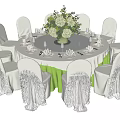 Elegant Round Dining Table Set With White Chair Covers Flower Vase And Tableware 3d model