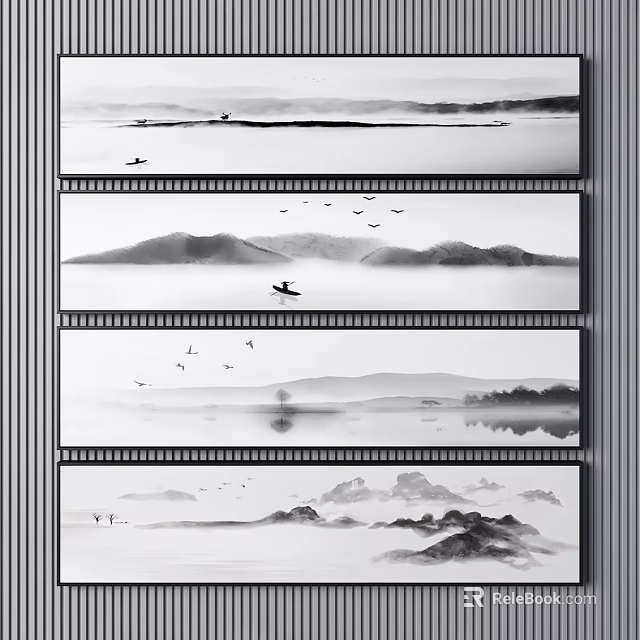 Traditional Chinese Ink Landscape Paintings With Misty Mountains Flying Birds And Water Reflections 3d model 