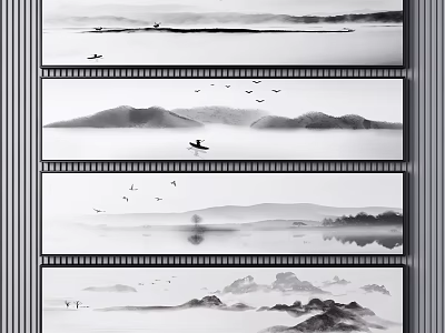 Traditional Chinese Ink Landscape Paintings With Misty Mountains Flying Birds And Water Reflections 3d model