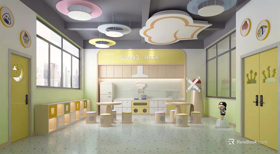Kindergarten Living Area With Colorful Cloud Shaped Pendant Lights Green Walls And Wooden Furniture 3d model 
