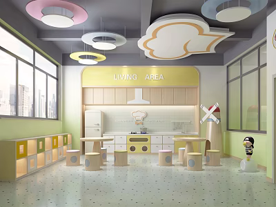 Kindergarten Living Area With Colorful Cloud Shaped Pendant Lights Green Walls And Wooden Furniture 3d model