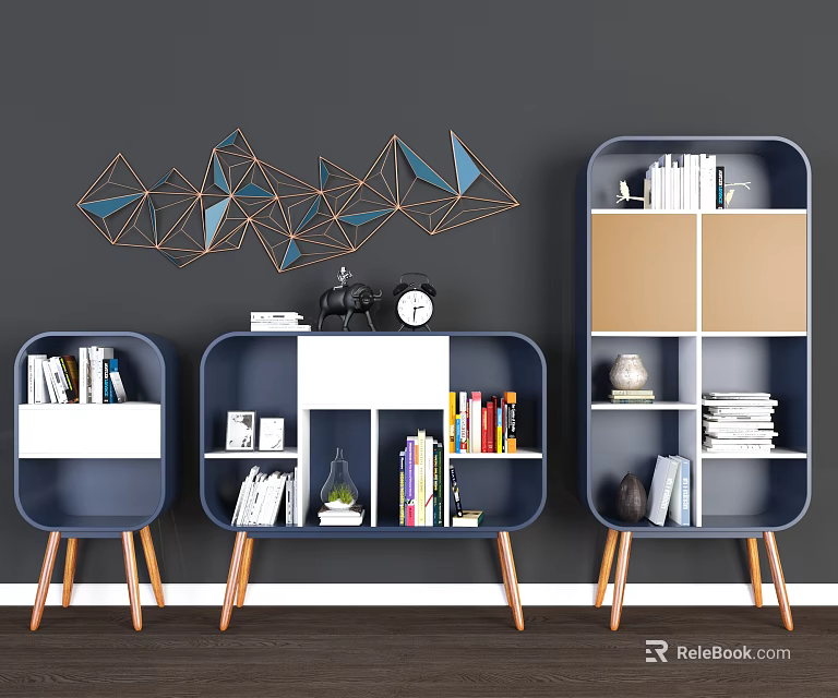 Blue Bookcases With Wooden Legs Holding Books Decorations And Geometric Wall Decor 3d model 