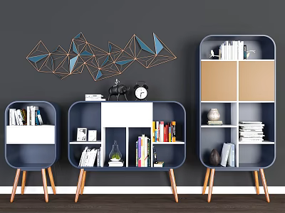 Blue Bookcases With Wooden Legs Holding Books Decorations And Geometric Wall Decor 3d model