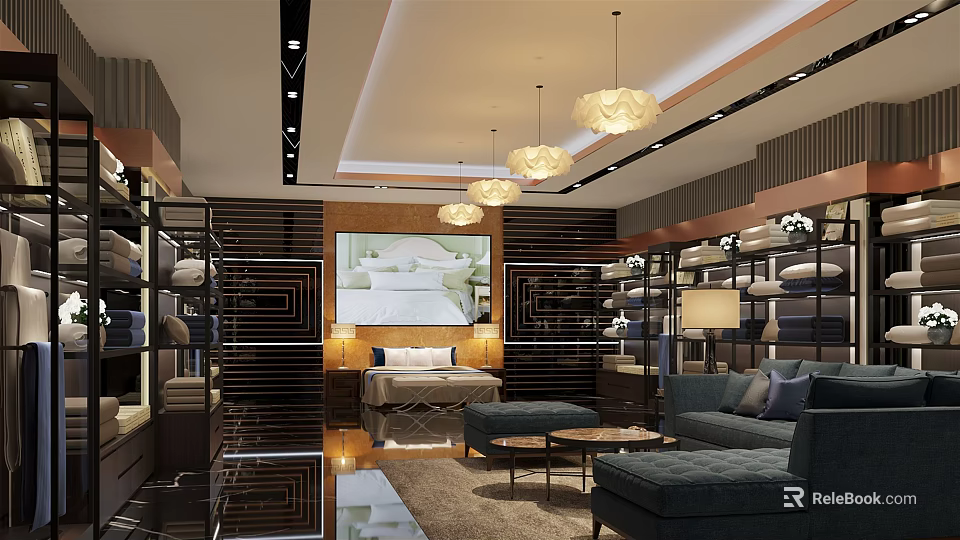 Elegant Modern Bedroom Furniture Showroom With Bed Sofa And Display Shelves 3d model 