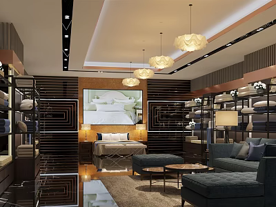 Elegant Modern Bedroom Furniture Showroom With Bed Sofa And Display Shelves 3d model
