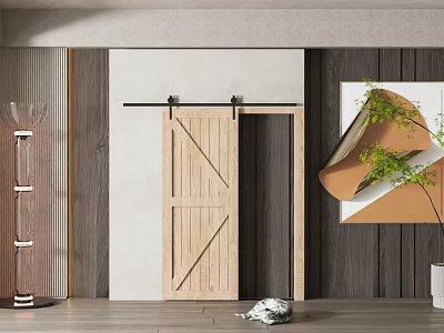 Wooden Sliding Barn Door In Modern Interior With Artwork And Floor Lamp 3d model