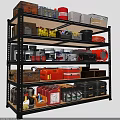 Organized Storage Shelf With Various Containers Tools And Cleaning Supplies