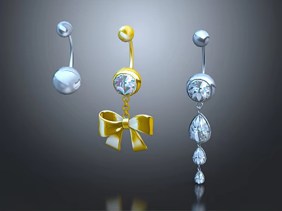Stylish Navel Rings Featuring Gold Bow Round Gemstone and Silver Teardrop Designs 3d model