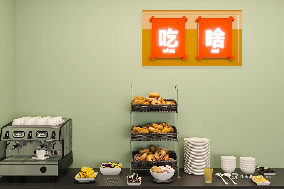 Dining Table Setup With Coffee Machine Bread Rack Pastries Stacked Plates And Neon Signs 3d model 