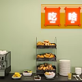 Dining Table Setup With Coffee Machine Bread Rack Pastries Stacked Plates And Neon Signs