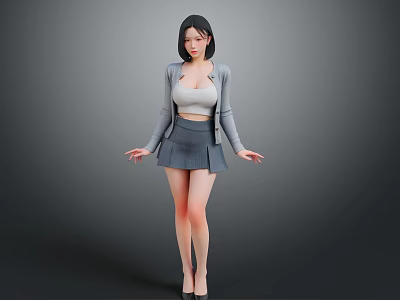 Young Woman Wearing Gray Cardigan White Tank Top Gray Pleated Skirt And Black Heels 3d model