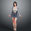 Young Woman Wearing Gray Cardigan White Tank Top Gray Pleated Skirt And Black Heels