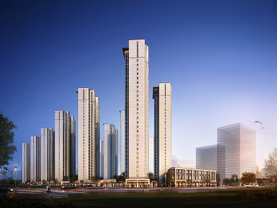 Modern High Rise Office Buildings With Glass Curtain Facade And Urban Skyline 3d model