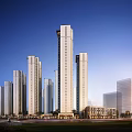 Modern High Rise Office Buildings With Glass Curtain Facade And Urban Skyline