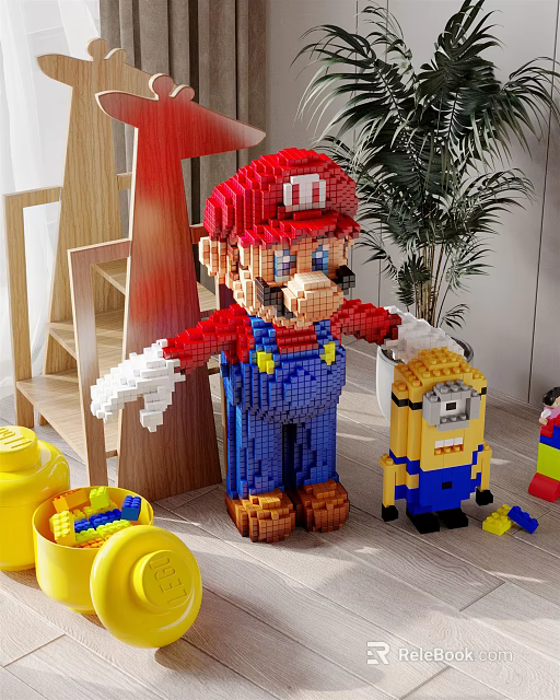 Giant Mario Building Blocks Model With Minion Figure And Scattered Bricks 3d model 