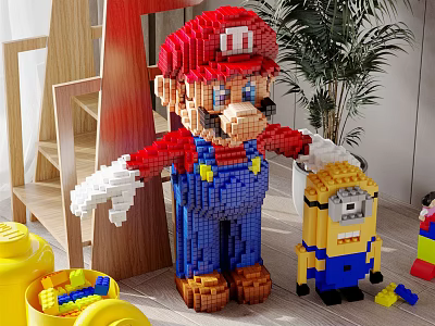 Giant Mario Building Blocks Model With Minion Figure And Scattered Bricks 3d model