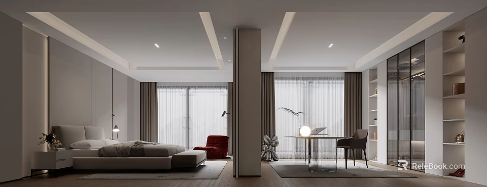 Modern Bedroom Interior With Large Bed Red Armchair Floor to Ceiling Windows And Curtains 3d model 