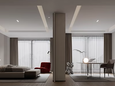 Modern Bedroom Interior With Large Bed Red Armchair Floor to Ceiling Windows And Curtains 3d model