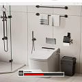 Modern Bathroom Toilet With White Tiles Towel Rack And Trash Bin
