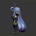 3D Fantasy Creature Character With Blue Long Hair Large Yellow Ears And Purple Eyes