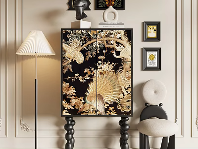 Elegant Traditional Decorative Cabinet With Black Frame Golden Floral Bird Patterns And White Accent Chair 3d model
