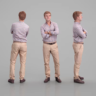 Man In Plaid Shirt And Khaki Pants With Brown Shoes Standing In Different Angles 3d model