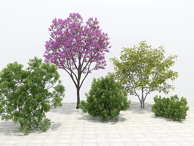 Scenic Purple Flowering Arbor With Various Green Trees On White Tiled Ground 3d model