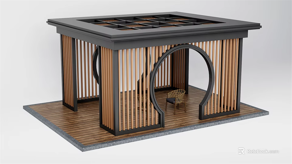 Modern Landscape Pavilion With Wooden Railings Black Frame And Lattice Roof Design 3d model 