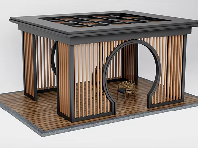 Modern Landscape Pavilion With Wooden Railings Black Frame And Lattice Roof Design 3d model