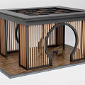 Modern Landscape Pavilion With Wooden Railings Black Frame And Lattice Roof Design