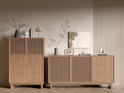 Modern Wooden Entryway Cabinet and Side Cabinet with Lattice Doors Table Lamp and Photo Frame 3d model