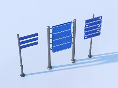 Blue Directional Signs With Various Shapes And Structures Standing On White Background 3d model