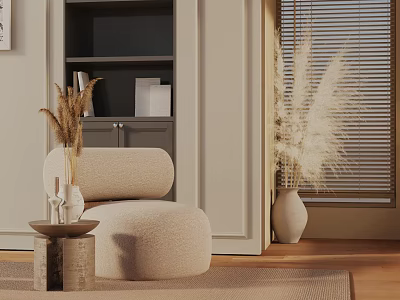 Beige Plush Accent Chair In Modern Interior With Dried Pampas Grass And Wooden Side Table 3d model