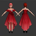 Cartoon Girl Characters With Red Hair Red Off Shoulder Dresses Bow Decorations Front Back Views