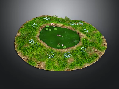 Circular Garden Pond With Green Grass White Flowers And Lotus Leaves 3d model