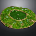 Circular Garden Pond With Green Grass White Flowers And Lotus Leaves