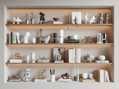 Stylish Decorative Ornament Set with Sculptures Books Candlesticks and Abstract Designs on Shelves 3d model