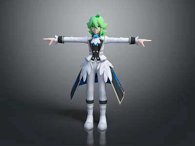 Game Movie Character With Green Hair And White Black Outfit White Wing Decorations Arms Outstretched 3d model