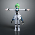 Game Movie Character With Green Hair And White Black Outfit White Wing Decorations Arms Outstretched