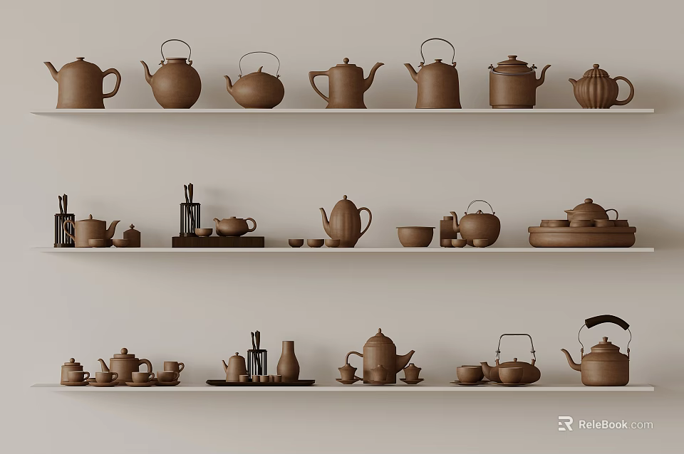 Traditional Clay Brown Tea Sets with Teapots Cups Trays on White Shelves 3d model 